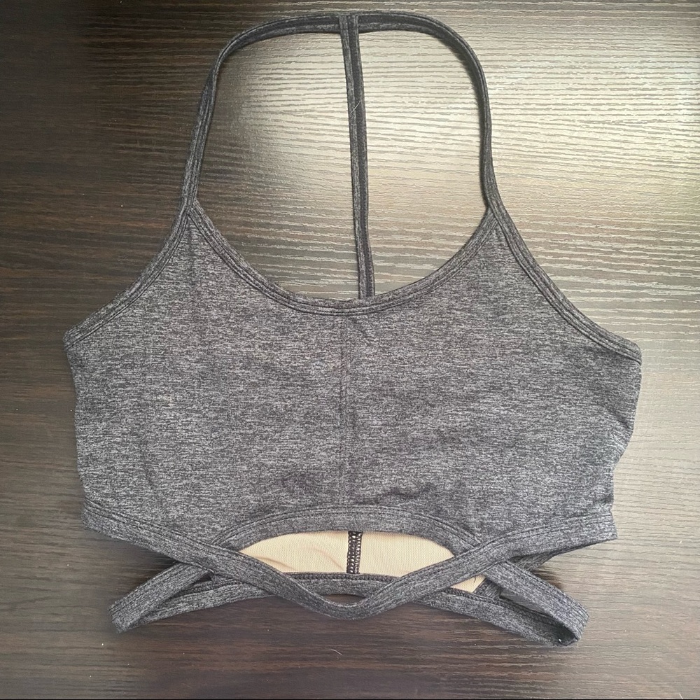 Free People Movement Grey Cutout Ribcage Strappy T Back Scoop Neck Sports Bra
